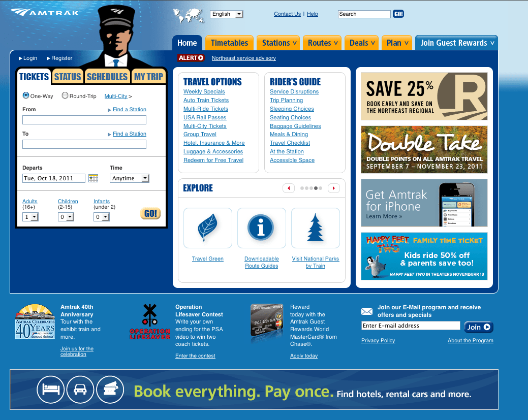 Amtrak website homepage