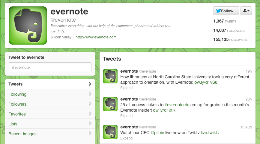 Evernote twitter page