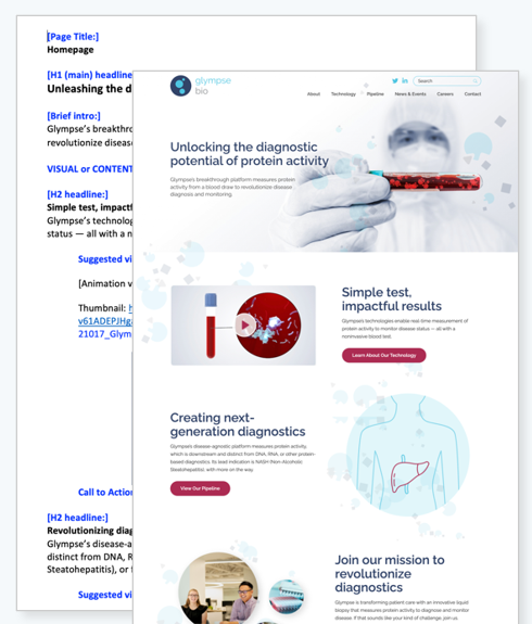 copy deck to website design example for life sciences websites