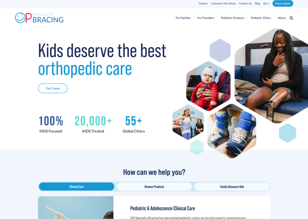 OPSB homepage image screenshot showing then opening headline, mission driven stats, as well as easy pathways to key content related to clinical care, product information, and access to the family resource hub.