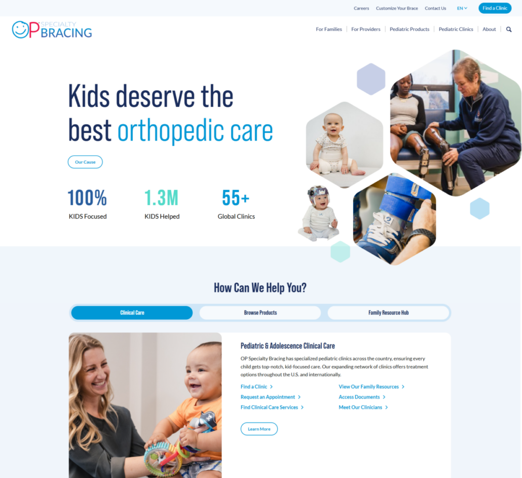OPSB homepage image screenshot showing then opening headline, mission driven stats, as well as easy pathways to key content related to clinical care, product information, and access to the family resource hub.