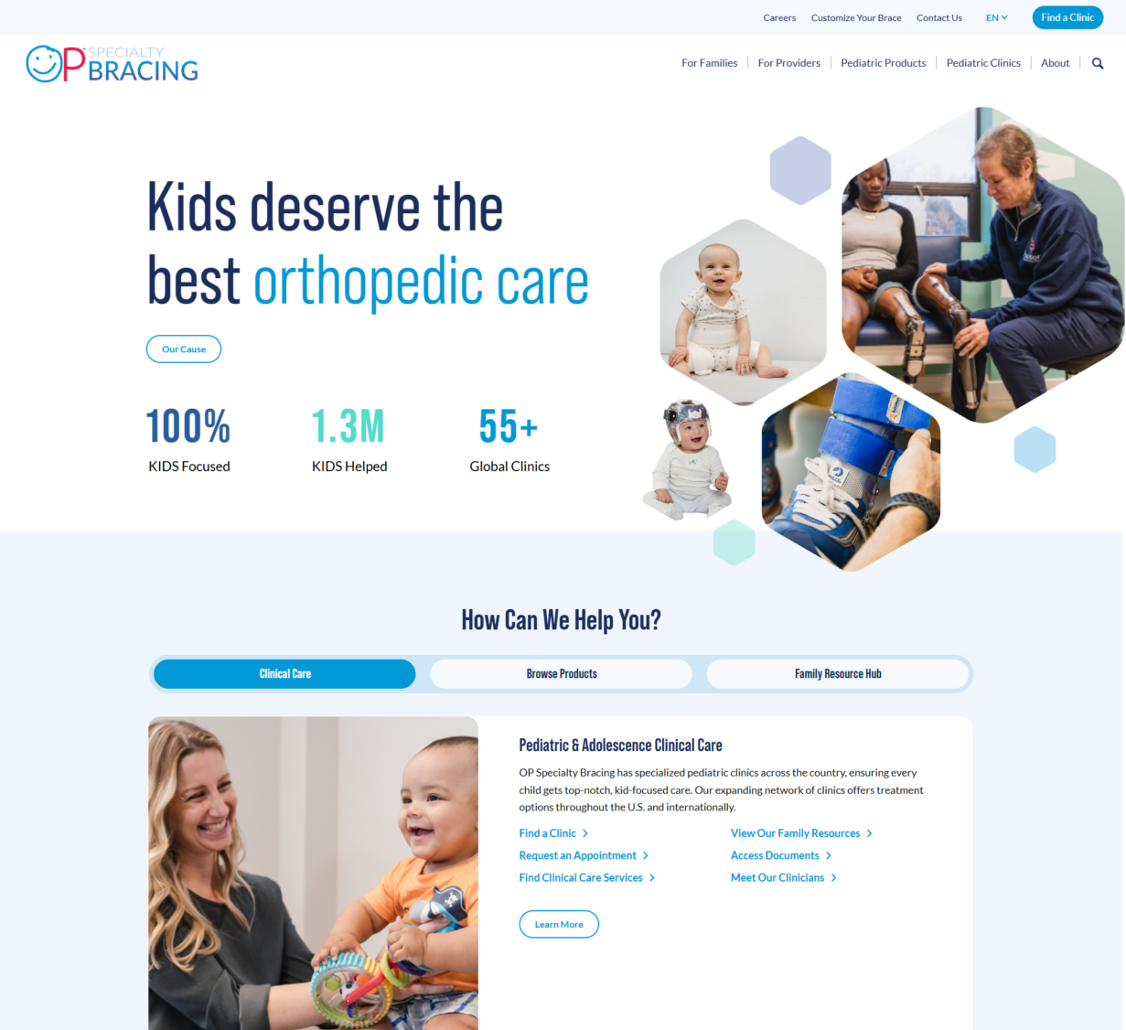 OPSB homepage image screenshot showing then opening headline, mission driven stats, as well as easy pathways to key content related to clinical care, product information, and access to the family resource hub.